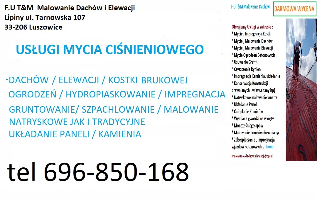 Plakat reklamowy firmy F.U T&M z Lusowic oferującej usługi mycia ciśnieniowego dachów, elewacji, kostki brukowej, ogrodzeń, hydro-piaskowania, impregnacji, gruntowania, szpachlowania, malowania...