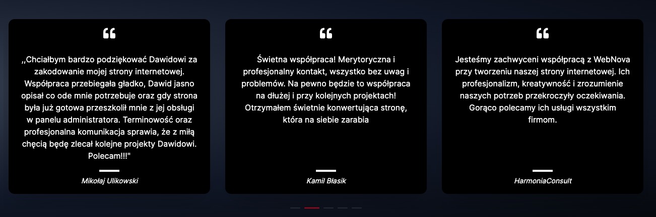 Trzy opinie klientów o współpracy przy tworzeniu stron internetowych, przedstawione w formie cytatów z imionami i nazwiskami autorów, na ciemnym tle z subtelnym gradientem.