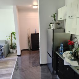 Akacjowa - Nowoczesne wnętrze: szare płytki podłogowe, białe ściany, czarne meble, rośliny doniczkowe i srebrna lodówka. Minimalistyczny design z akcentami zieleni i czerwieni.