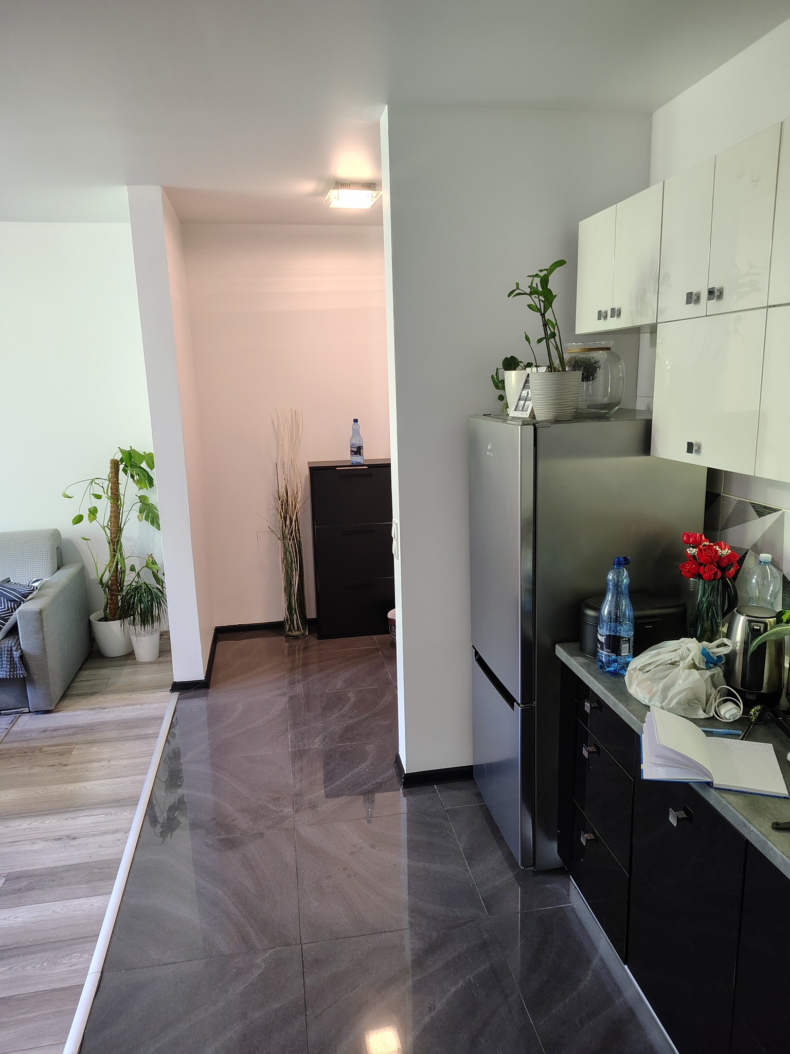 Nowoczesne wnętrze: szare płytki podłogowe, białe ściany, czarne meble, rośliny doniczkowe i srebrna lodówka. Minimalistyczny design z akcentami zieleni i czerwieni.