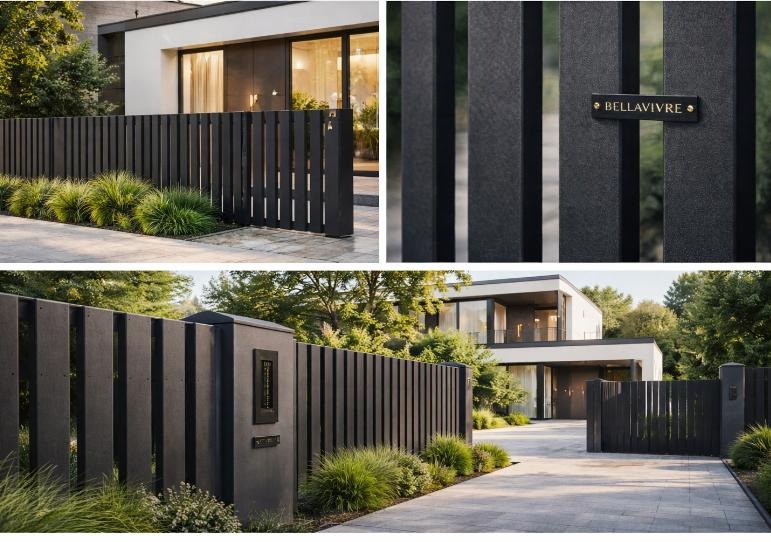 Nowoczesne ogrodzenie posesji z pionowych, grafitowych paneli, z ozdobną tabliczką adresową i zielenią. W tle widoczny dom z dużymi oknami.