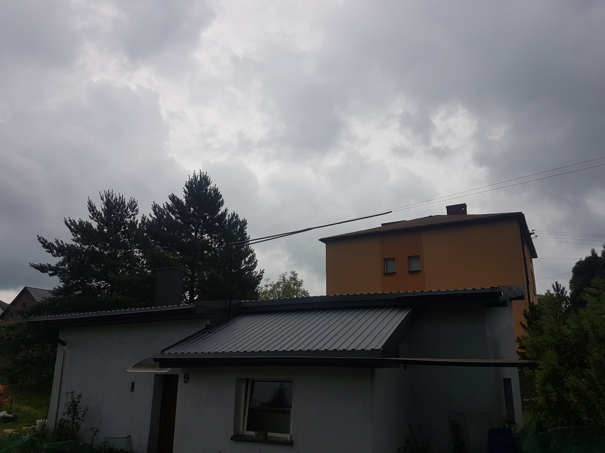 Dom jednorodzinny z szarą blachodachówką na dachu, widoczne drzewa iglaste i pochmurne niebo.