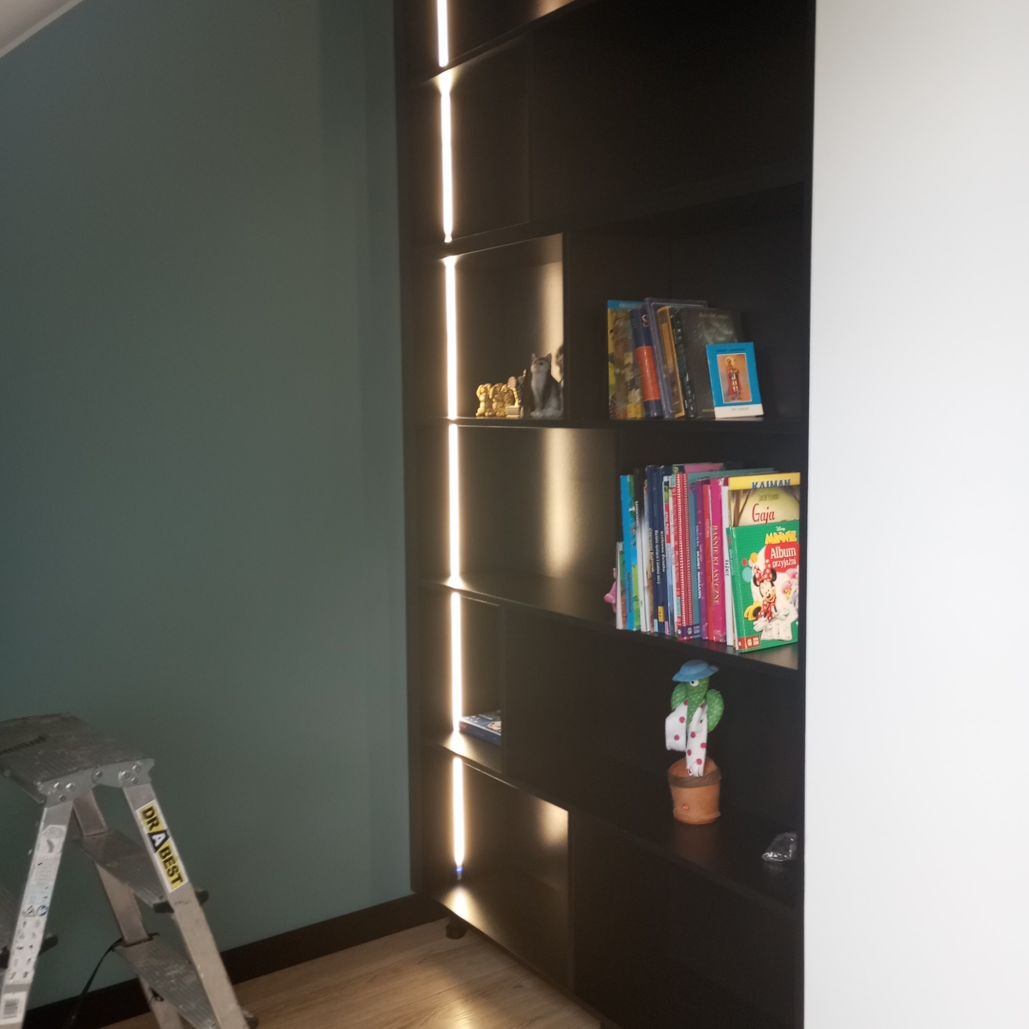 Ciemna szafa wnękowa z oświetleniem LED, wypełniona książkami i dekoracjami. Widoczna drabina malarska sugerująca montaż lub wykończenie.
