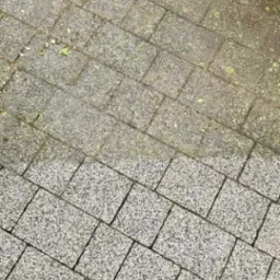 Częściowo oczyszczona szara kostka brukowa, widoczny kontrast między brudną, porośniętą mchem powierzchnią a świeżo umytym fragmentem.