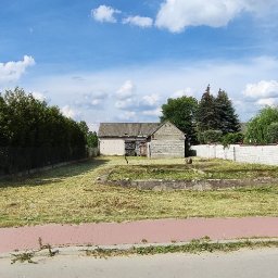 Instaltec - Trawa skoszona na działce pomiędzy dwoma domami, widoczne resztki trawy, w tle budynek gospodarczy i dekoracyjne tuje.