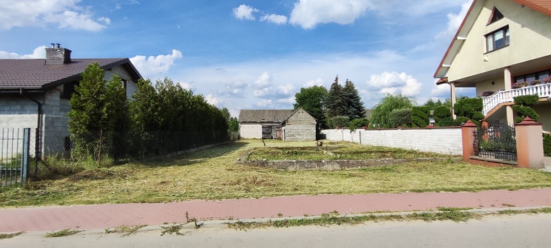Trawa skoszona na działce pomiędzy dwoma domami, widoczne resztki trawy, w tle budynek gospodarczy i dekoracyjne tuje.