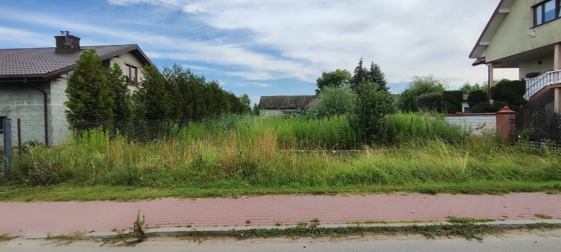 Zarośnięta działka z wysoką trawą i chwastami, widoczne domy w tle, zaniedbany teren przed zabudową.