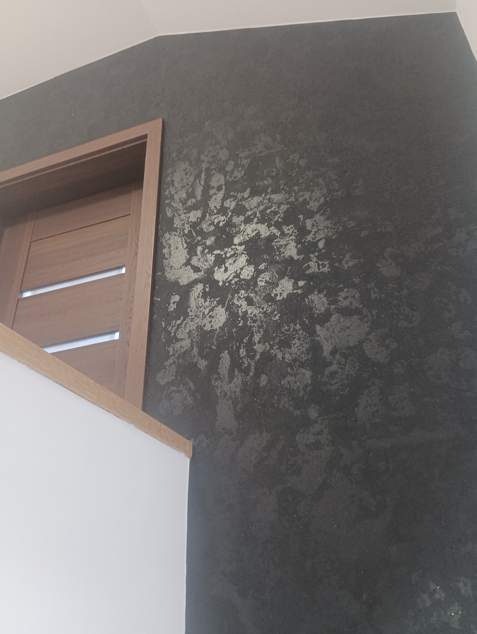 Ściana pomalowana na ciemny kolor z dekoracyjnym, srebrzystym wzorem w pobliżu drewnianej ościeżnicy drzwi i białego fragmentu ściany.