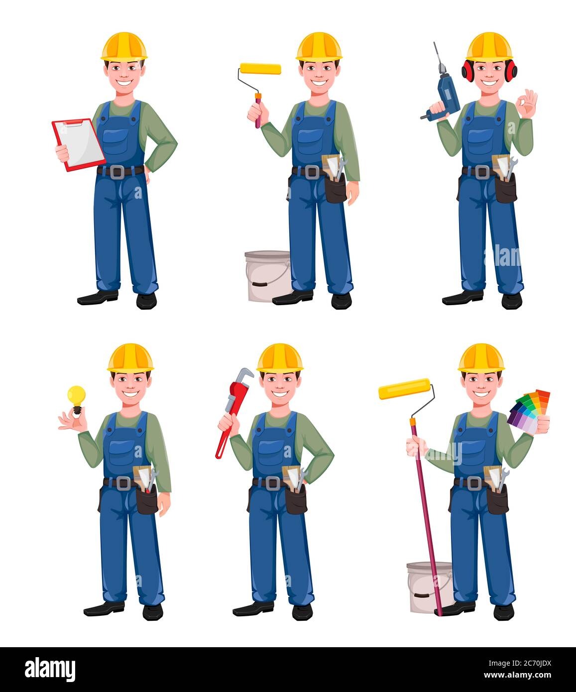Kolekcja ilustracji przedstawiających uśmiechniętego pracownika w kombinezonie i kasku, prezentującego różne narzędzia: clipboard, wałek do malowania, wiertarkę w nausznikach, żarówkę, klucz...