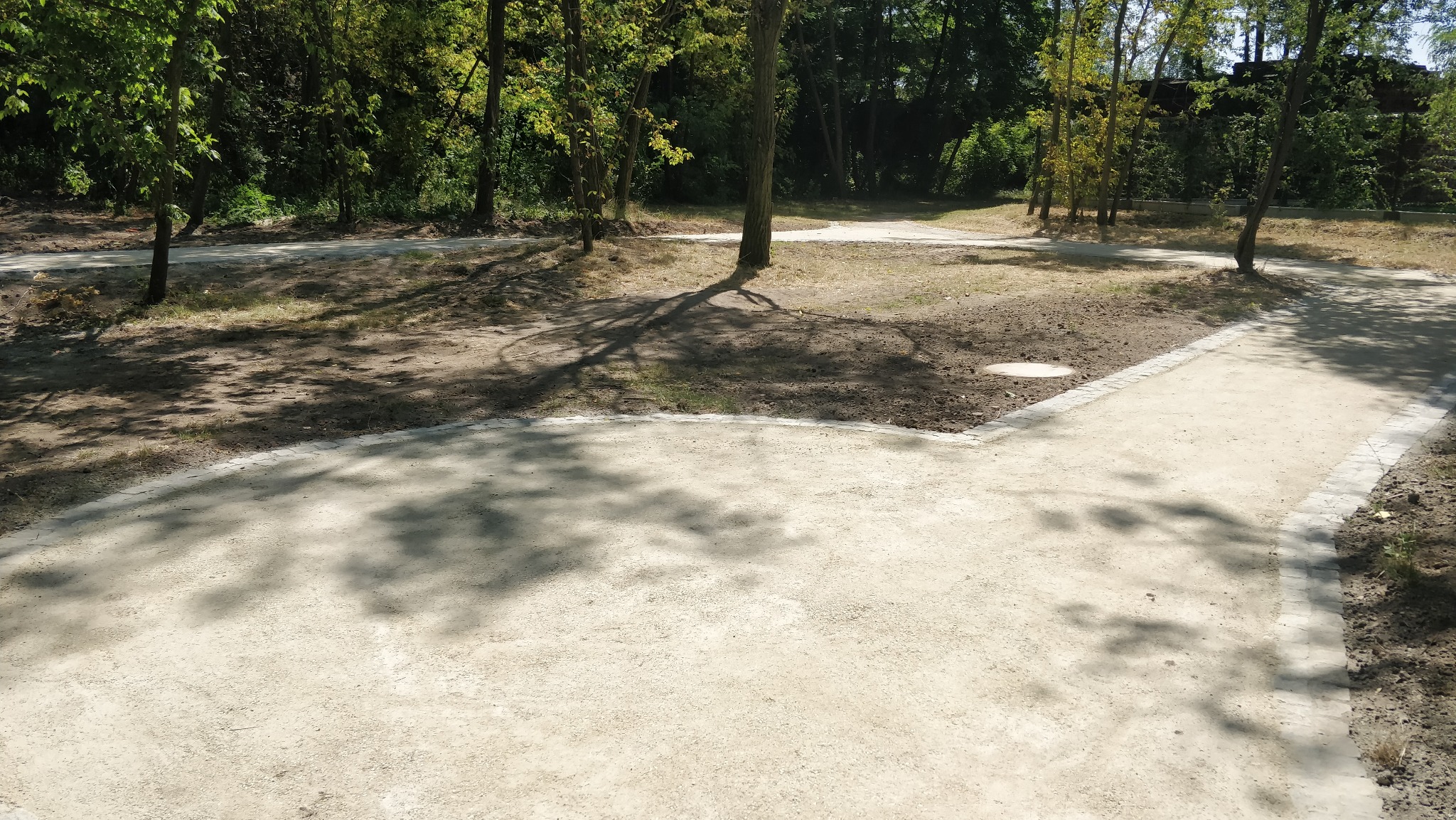 Ścieżka parkowa z jasnej nawierzchni mineralnej, obrzeża z kostki granitowej, cień drzew na podłożu.