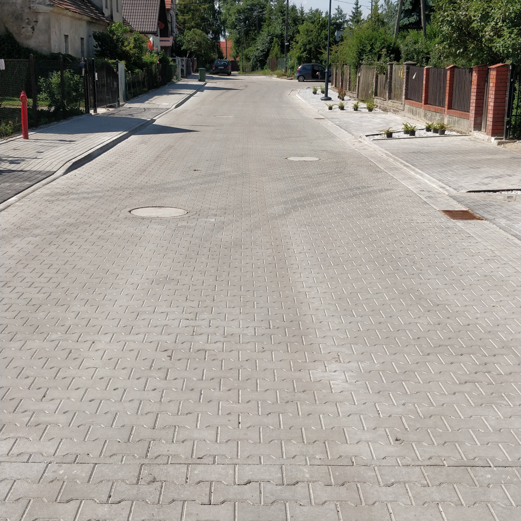 Ulica wyłożona szarą kostką brukową w kształcie litery 'H', widok perspektywiczny, zabudowa jednorodzinna w tle, hydrant po lewej stronie, świeżo posadzone rośliny w doniczkach wzdłuż chodnika po...