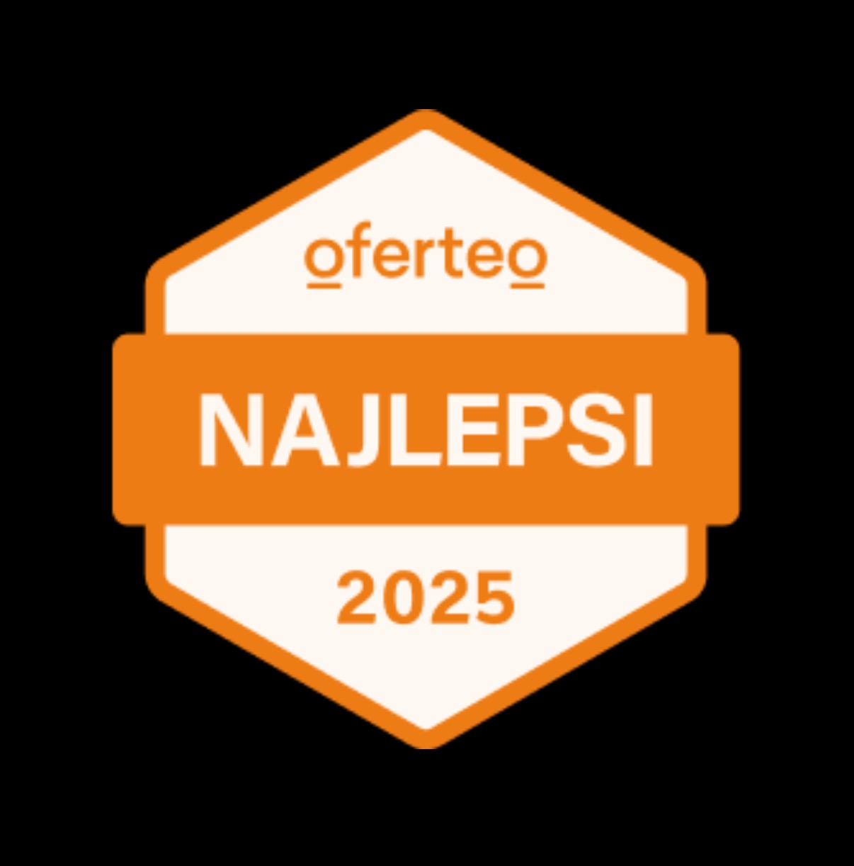Oferteo: Pomarańczowa odznaka 'Najlepsi 2025' na czarnym tle. Grafika promocyjna wyróżniająca najlepszych wykonawców.