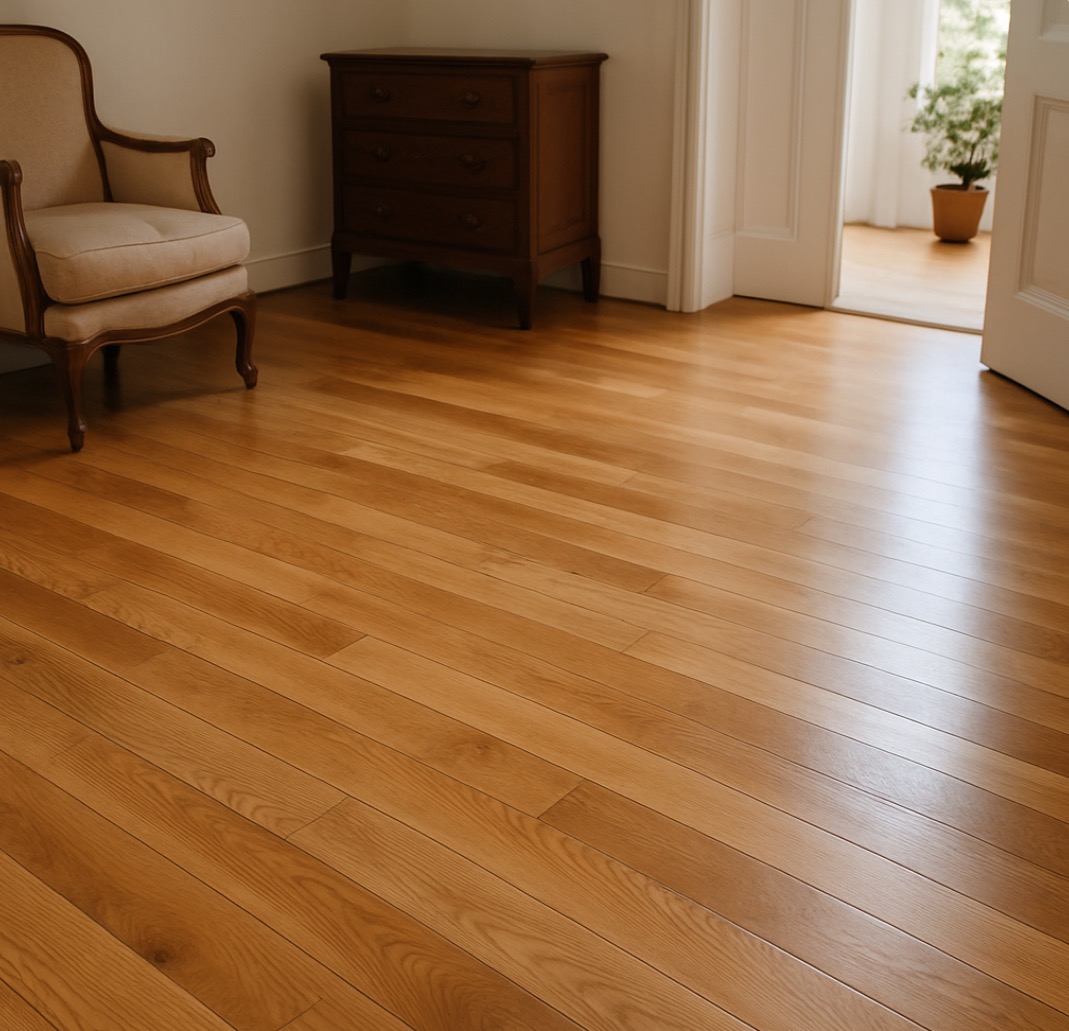 Błyszcząca, drewniana podłoga w odcieniach miodu z widocznym wzorem słojów. W tle fotel, komoda i otwarte drzwi z rośliną doniczkową.