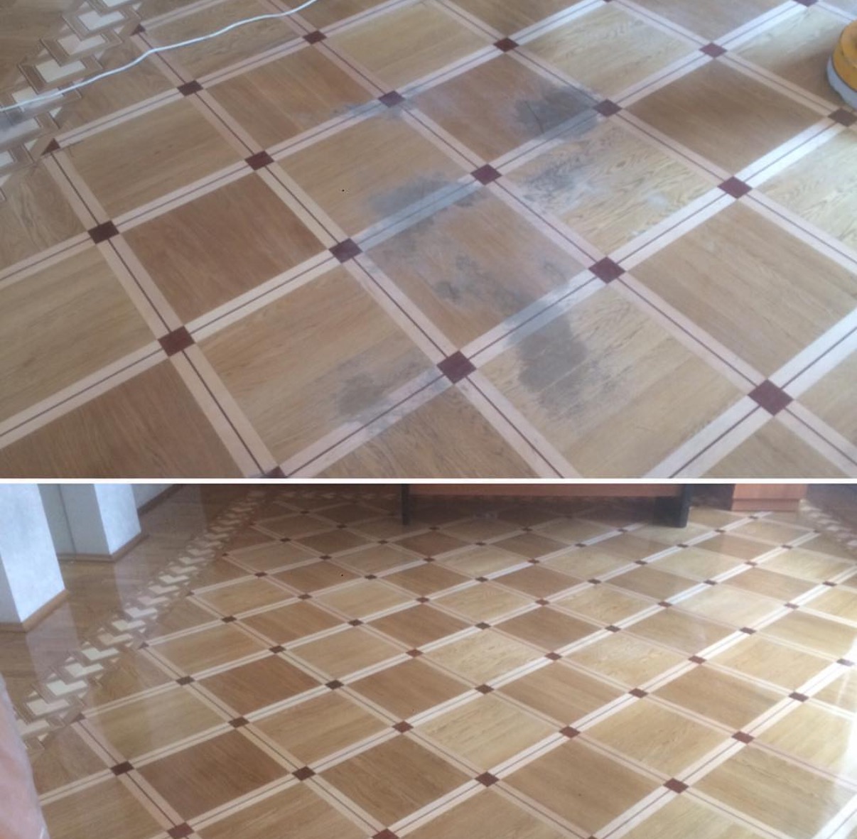 Parkiet w kwadraty przed i po cyklinowaniu. Górna część z plamami, dolna po renowacji, błyszcząca. Widoczny fragment cykliniarki i wzór na obrzeżach podłogi.