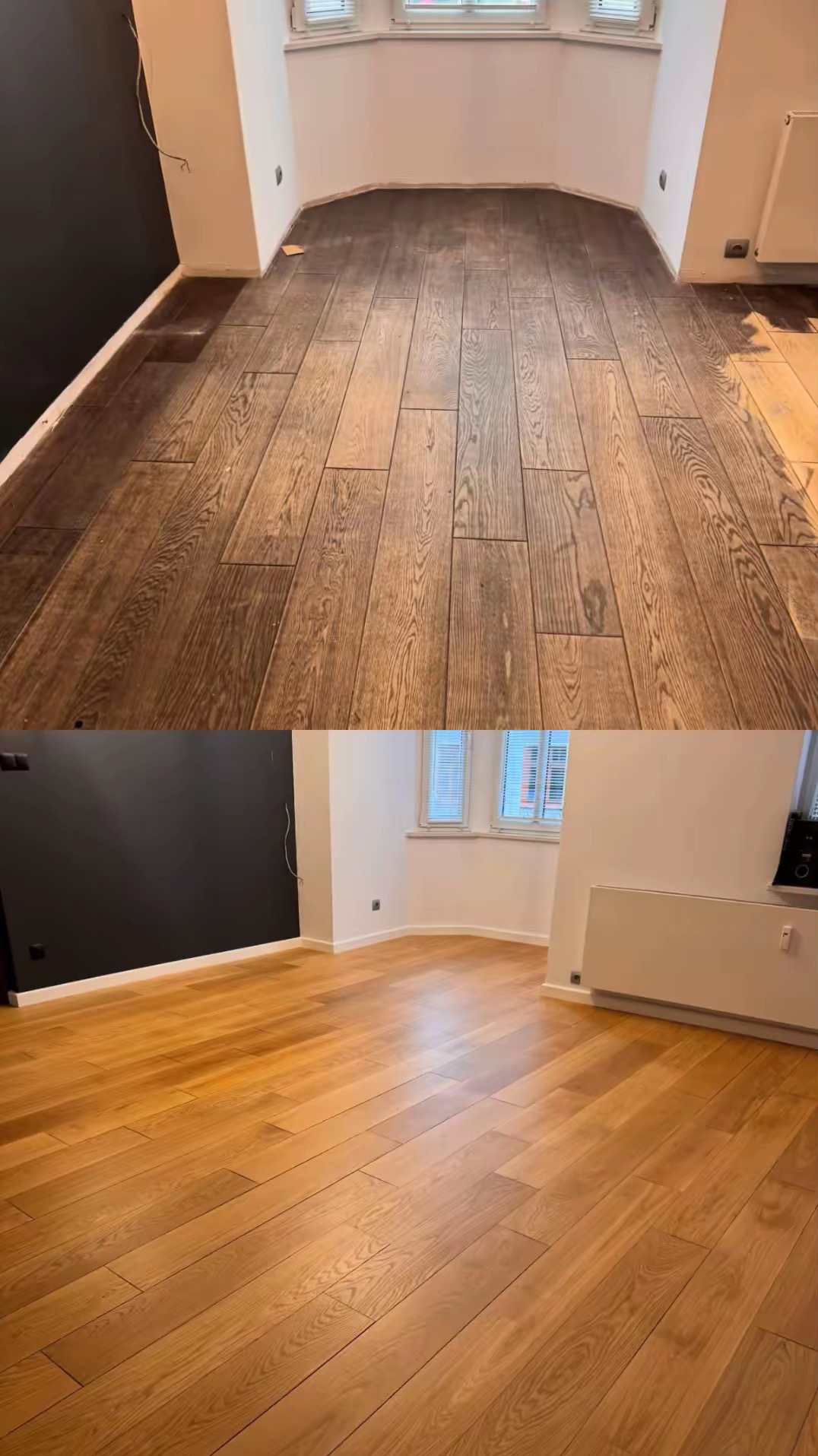 Porównanie: ciemny parkiet przed i jasny parkiet po renowacji. Widoczne różnice w kolorze i wykończeniu drewna, od matowego do błyszczącego.