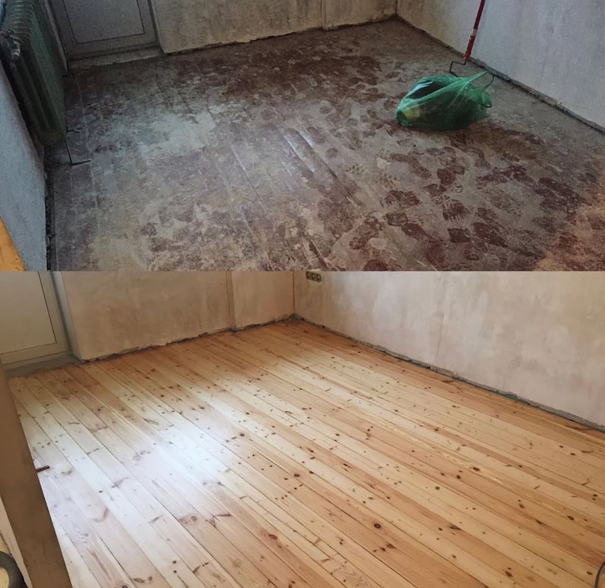 Parkiet przed i po renowacji: górna część ukazuje zniszczoną podłogę, dolna - odnowiony, jasny parkiet z widoczną strukturą drewna w pustym pokoju.