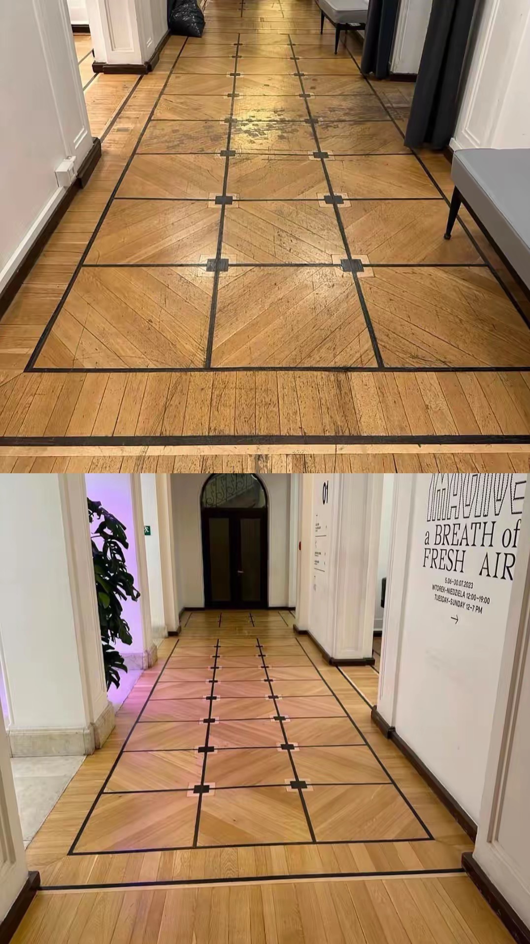 Parkiet w jodełkę po renowacji, z czarnymi wstawkami i obramowaniem, widok z dwóch perspektyw. Górna część pokazuje stan przed, dolna po renowacji.