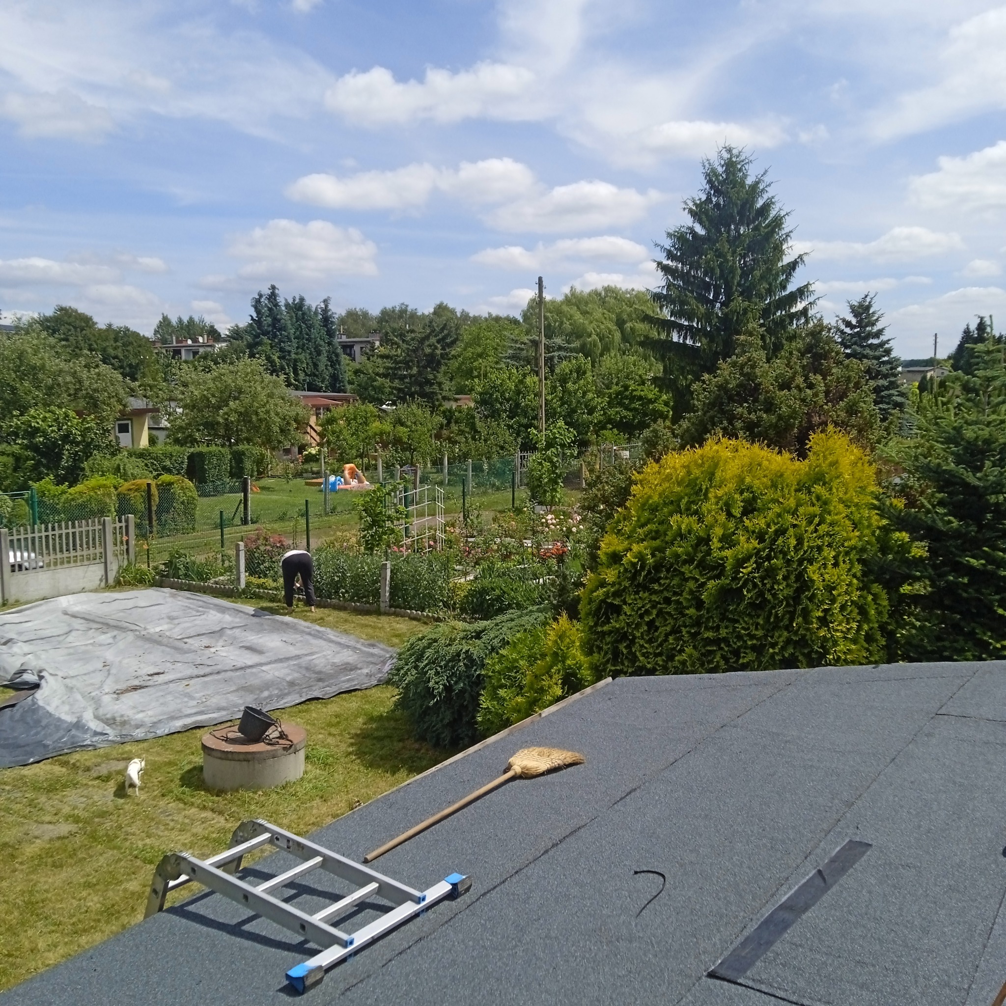 Widok z góry na dach pokryty papą, z drabiną, miotłą i fragmentem ogrodu z pracującą osobą w tle, w słoneczny dzień.