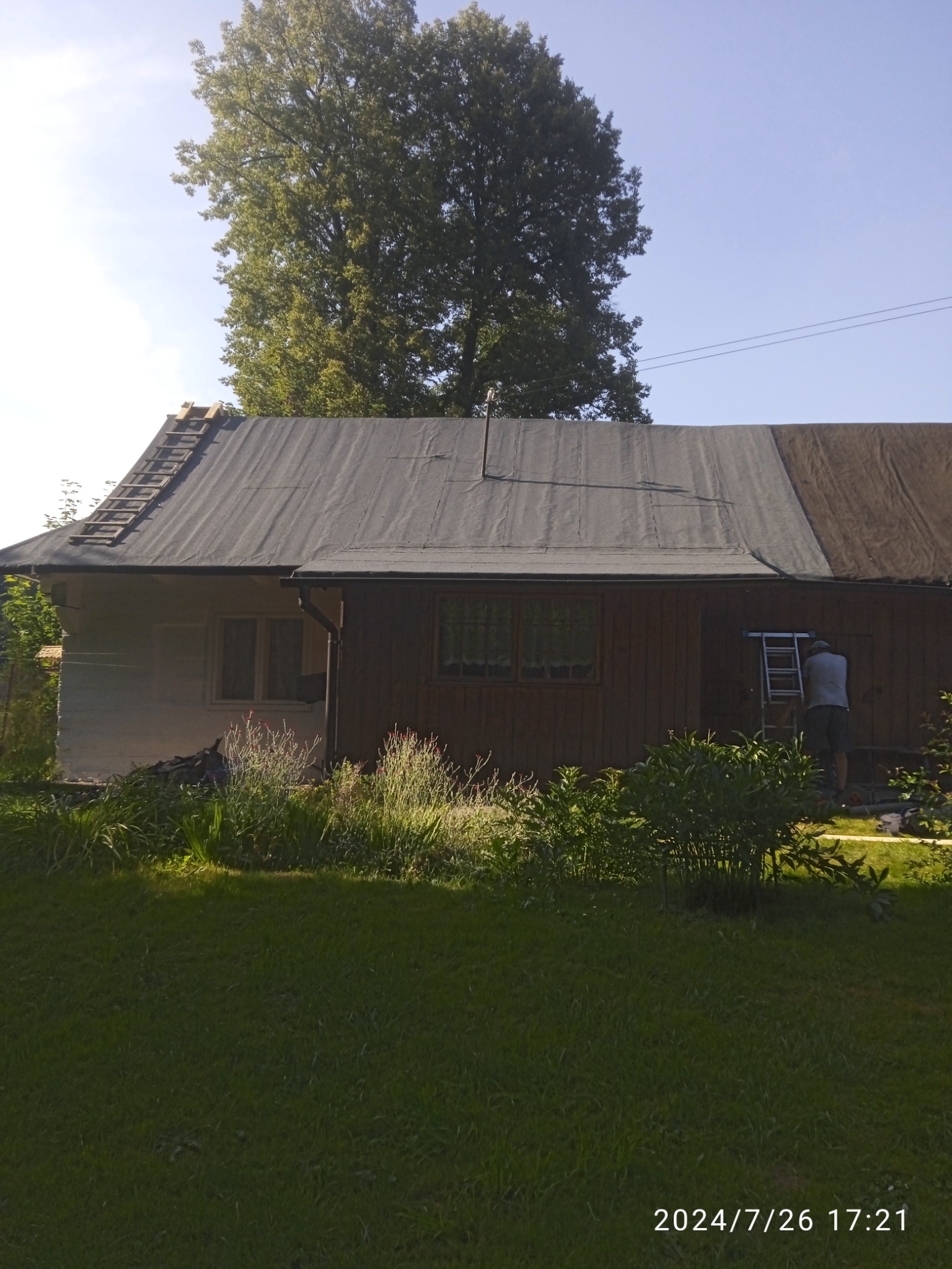 Prace na dachu domu jednorodzinnego w trakcie realizacji, widoczny fragment dachu pokryty papą, drabina oparta o dach, pracownik na drabinie, bujna roślinność w ogrodzie.