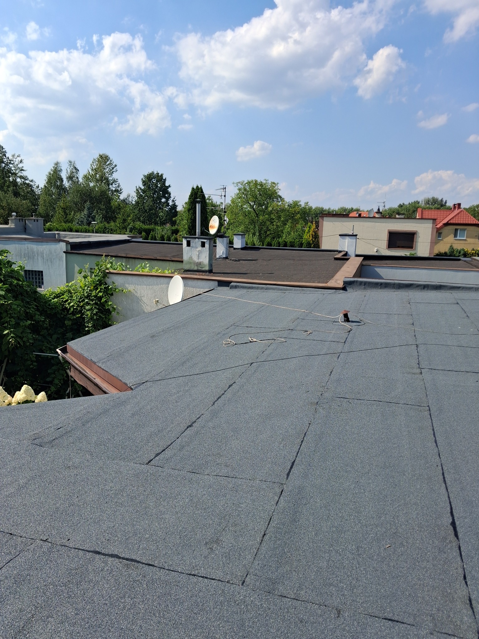 Widok z góry na płaski dach pokryty papą, z widocznymi łączeniami i elementami instalacji, w tle budynki mieszkalne i drzewa pod błękitnym niebem.