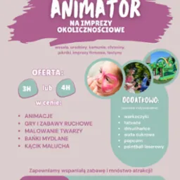 Plakat reklamowy firmy z Dębicy oferującej usługi animacyjne na imprezy okolicznościowe, w tym malowanie twarzy, dmuchańce i zabawy ruchowe dla dzieci.