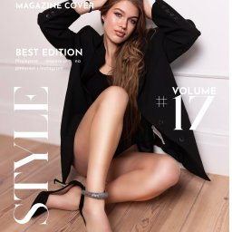 FotoArtist - Okładka magazynu modowego: młoda kobieta w czarnym oversize'owym żakiecie, siedząca na podłodze, z rękami uniesionymi nad głową, prezentująca makijaż z wyraźnie podkreślonymi oczami i pełnymi ustami.