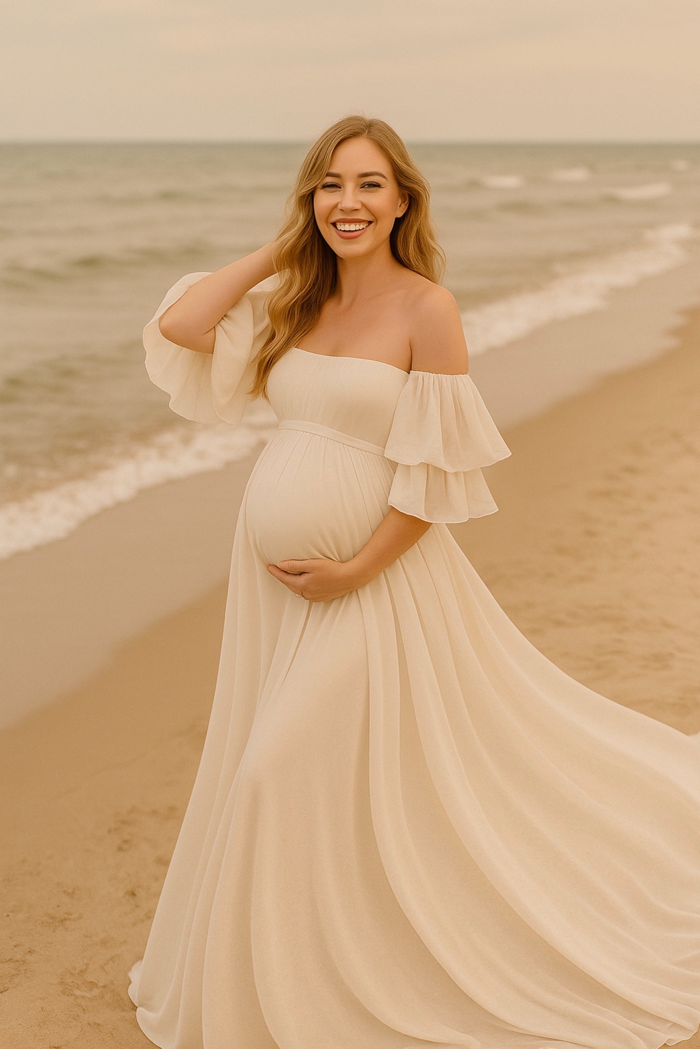 Uśmiechnięta, jasnowłosa kobieta w zwiewnej sukni ciążowej pozuje na plaży, trzymając dłonie na brzuchu. W tle widać morze i piaszczystą plażę.