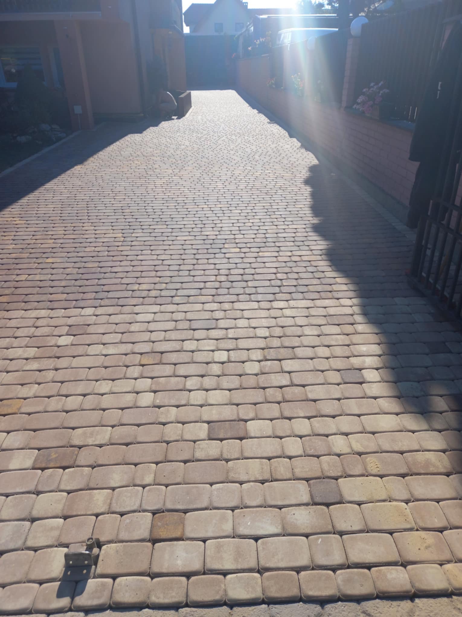 Ułożona, beżowo-brązowa kostka brukowa na podjeździe, w tle budynek mieszkalny i ceglany mur z kwiatami, oświetlona promieniami słonecznymi.