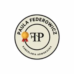 Eleganckie logo Kancelarii Adwokackiej Paula Federowicz w okręgu z pieczęcią i inicjałami 'PF' w centrum. Kremowe tło, czarne obramowanie i napis.