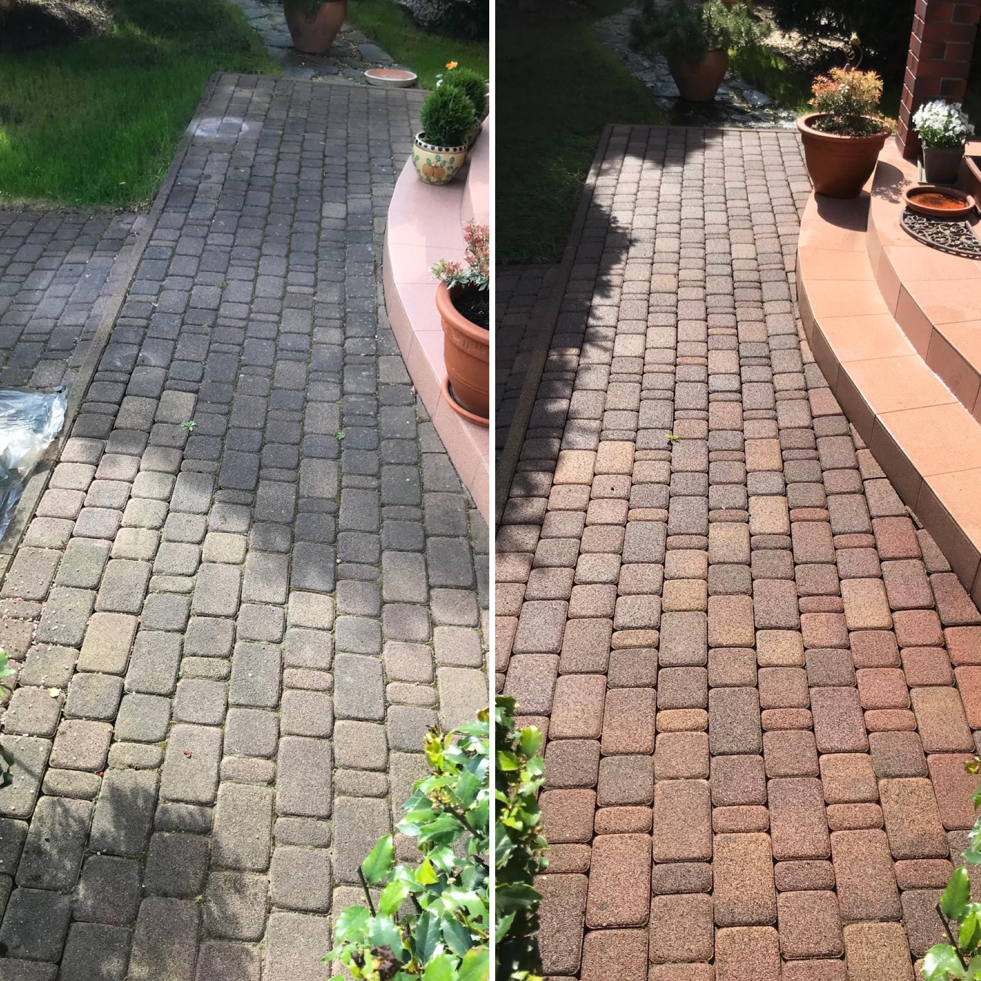 Zdjęcie typu 'przed i po' prezentujące efekt czyszczenia kostki brukowej, z widoczną różnicą w kolorze i czystości między zabrudzoną, szarą częścią a wyczyszczoną, brązowo-czerwoną kostką, obok...