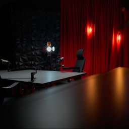 aim-Studio Sp. z o.o. - Nowoczesne studio nagrań z mikrofonami, oświetleniem i czerwonymi zasłonami w tle, gotowe do realizacji profesjonalnych nagrań audio i wideo.