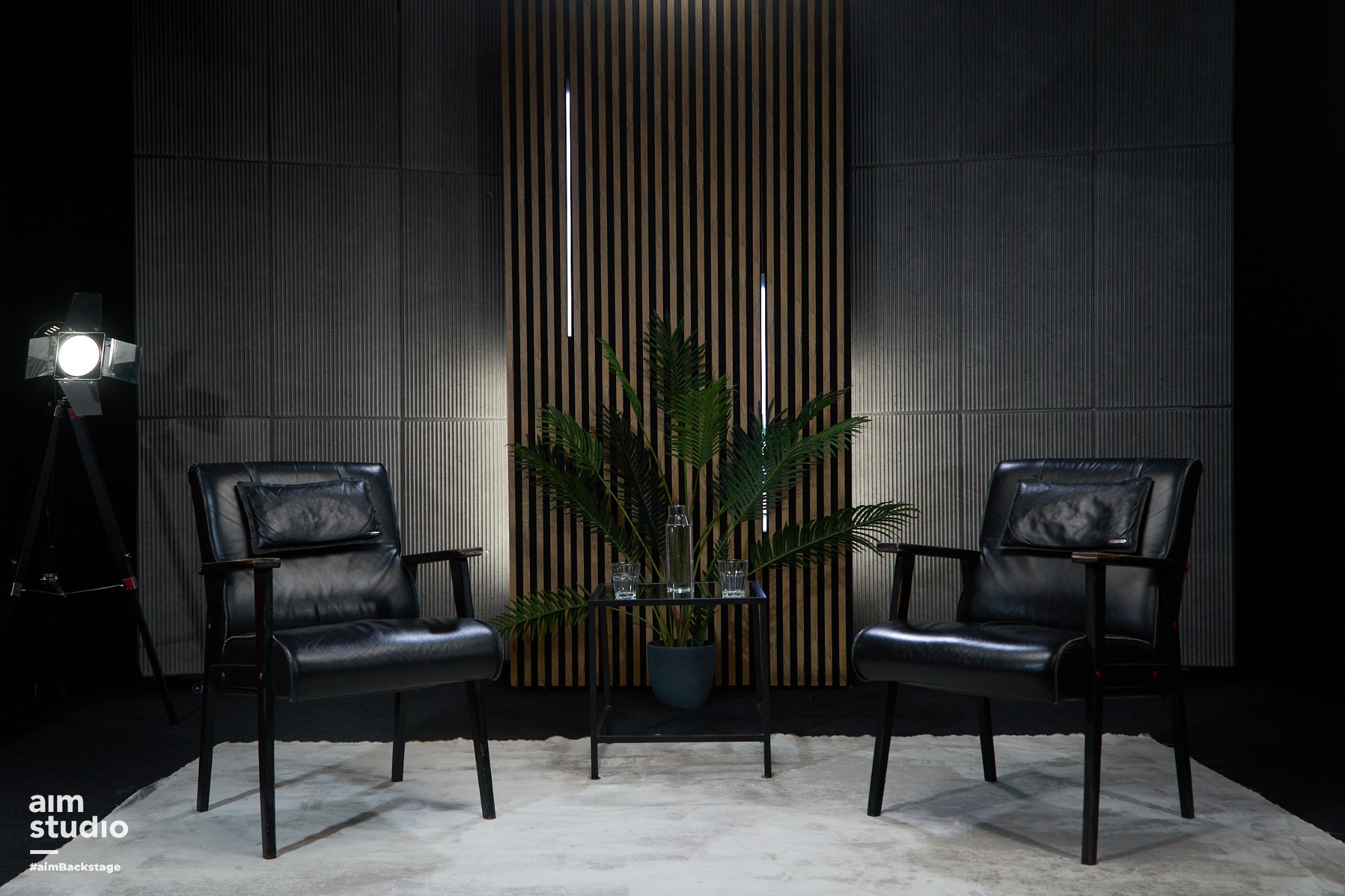 Studio filmowe: dwa czarne fotele, stolik z wodą i rośliną na tle ścian z pionowymi panelami. Z lewej reflektor studyjny. Scena gotowa do nagrań.
