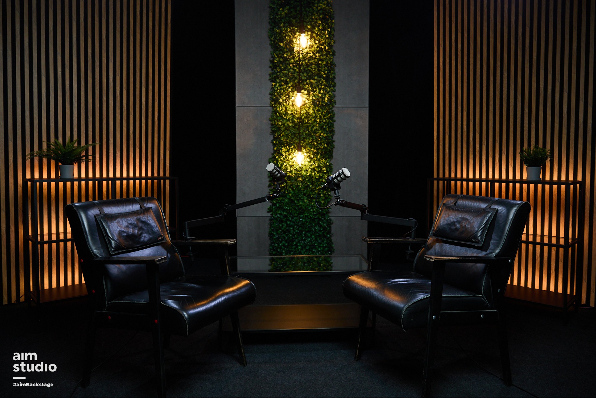 Nowoczesne studio nagrań z dwoma mikrofonami, skórzanymi fotelami i ścianą z roślin. Ciepłe oświetlenie podkreśla drewniane panele i minimalistyczny design.