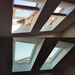 Okna Dachowe Serwis Okien Dachowych Arkadiusz Latos - Porównanie okien dachowych przed i po renowacji: drewniane, otwarte okno z widokiem na ceglaną kamienicę oraz białe, zamknięte okno dachowe po naprawie.