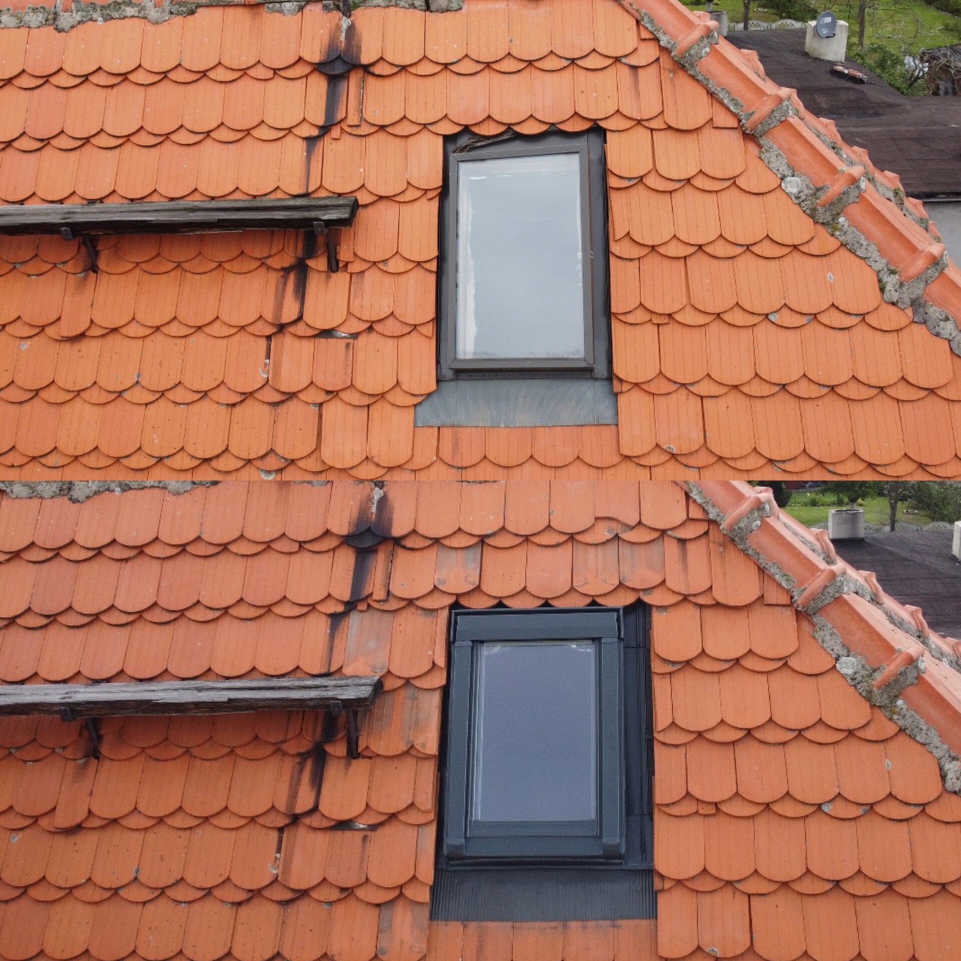 Dwa okna dachowe na pomarańczowym dachu z dachówki karpiówki. Jedno okno jest nowe, drugie starsze. Widoczne ślady zabrudzeń i drewniany element.