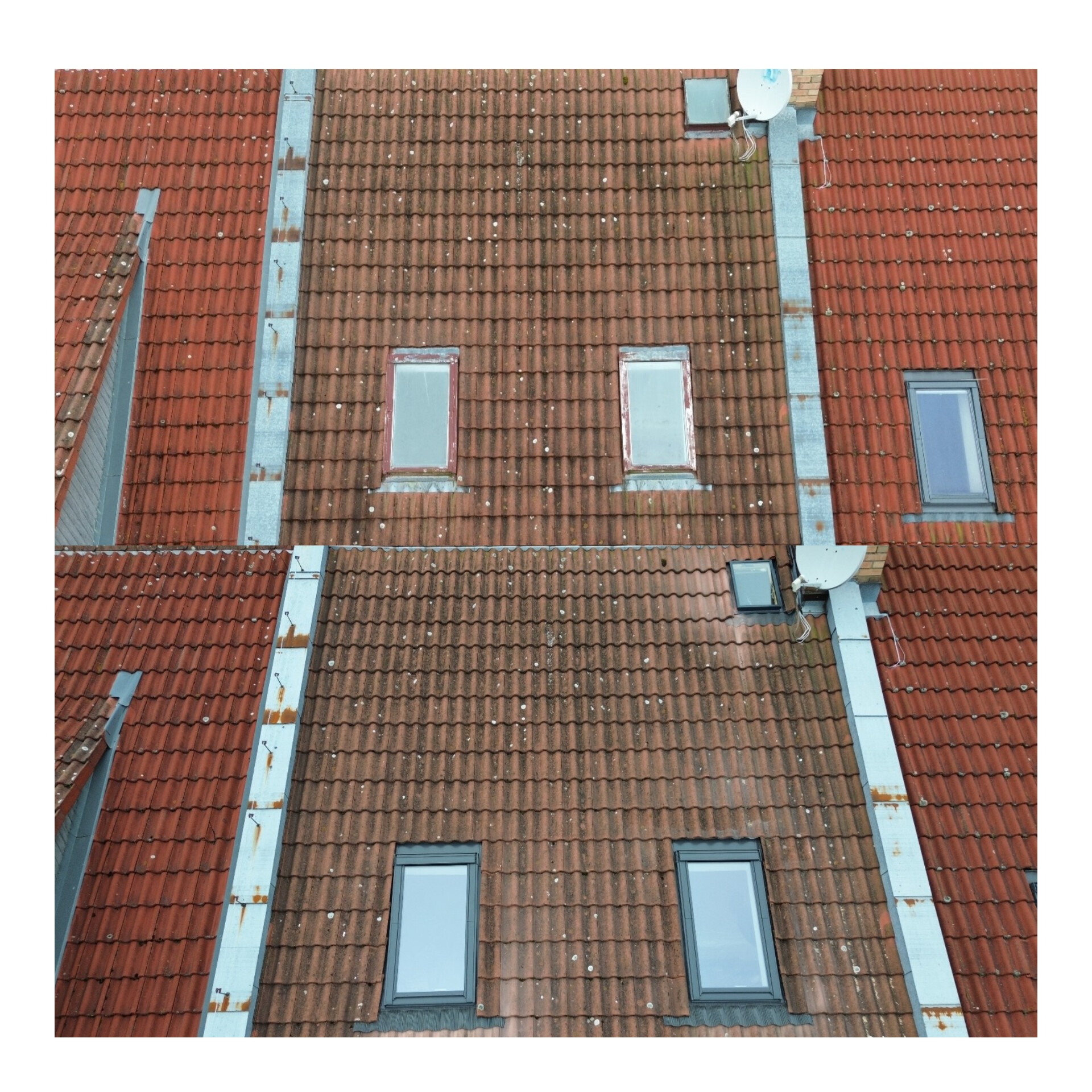 Widok z góry na dach z czerwonej dachówki przed i po wymianie okien dachowych. Stare okna z drewnianą ramą, nowe w ciemnej obudowie. Antena satelitarna.