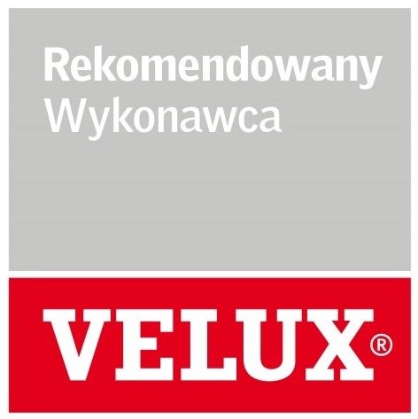 Logo VELUX z napisem 'Rekomendowany Wykonawca' na szarym tle. Czerwony prostokąt z białym napisem VELUX. Grafika promocyjna.