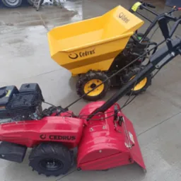 Czerwony glebogryz i żółta mini wywrotka z logo Cedrus stoją na mokrym betonowym podłożu.