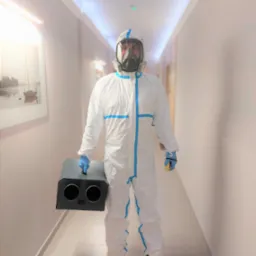 Pracownik w kombinezonie ochronnym i masce gazowej trzyma urządzenie do zamgławiania w korytarzu z obrazem łodzi.