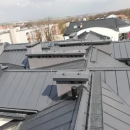 Szary metalowy dach z kominami i zabezpieczeniami przed ptakami, widok z góry na tle zabudowy miejskiej.