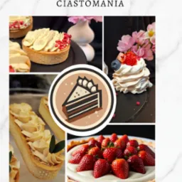 Kompozycja tartaletek i bezików z owocami na marmurkowym tle, z napisem 'Candy bar' i grafiką ciasta. Słodki stół.