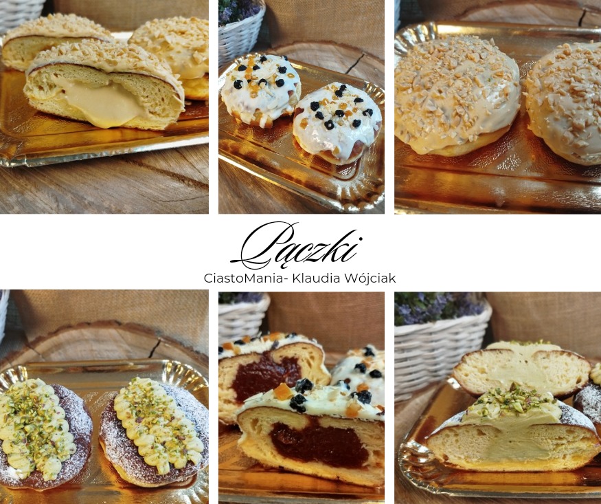 Kolaż sześciu zdjęć pączków z różnymi nadzieniami i polewami, ułożonych na złotych tackach z falistym brzegiem, z widocznymi przekrojami prezentującymi kremowe i owocowe wnętrza.