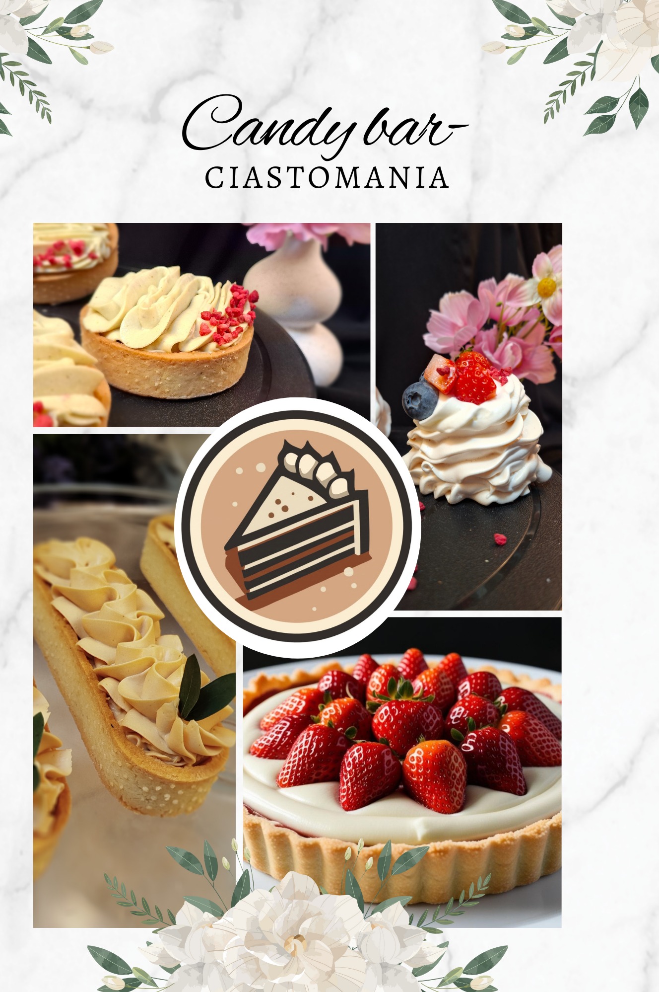 Kompozycja tartaletek i bezików z owocami na marmurkowym tle, z napisem 'Candy bar' i grafiką ciasta. Słodki stół.