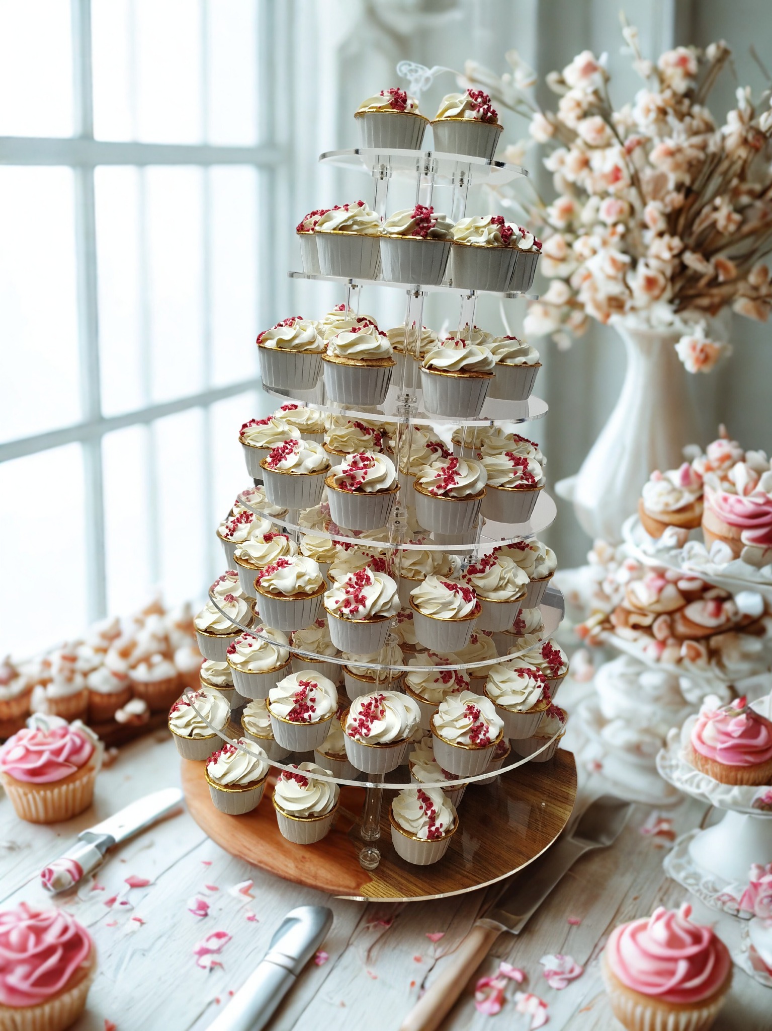 Wielopoziomowa ekspozycja babeczek z białym kremem i czerwonymi posypkami, dekoracja kwiatowa w tle, na stole rozsypane płatki kwiatów, jasne, naturalne światło.