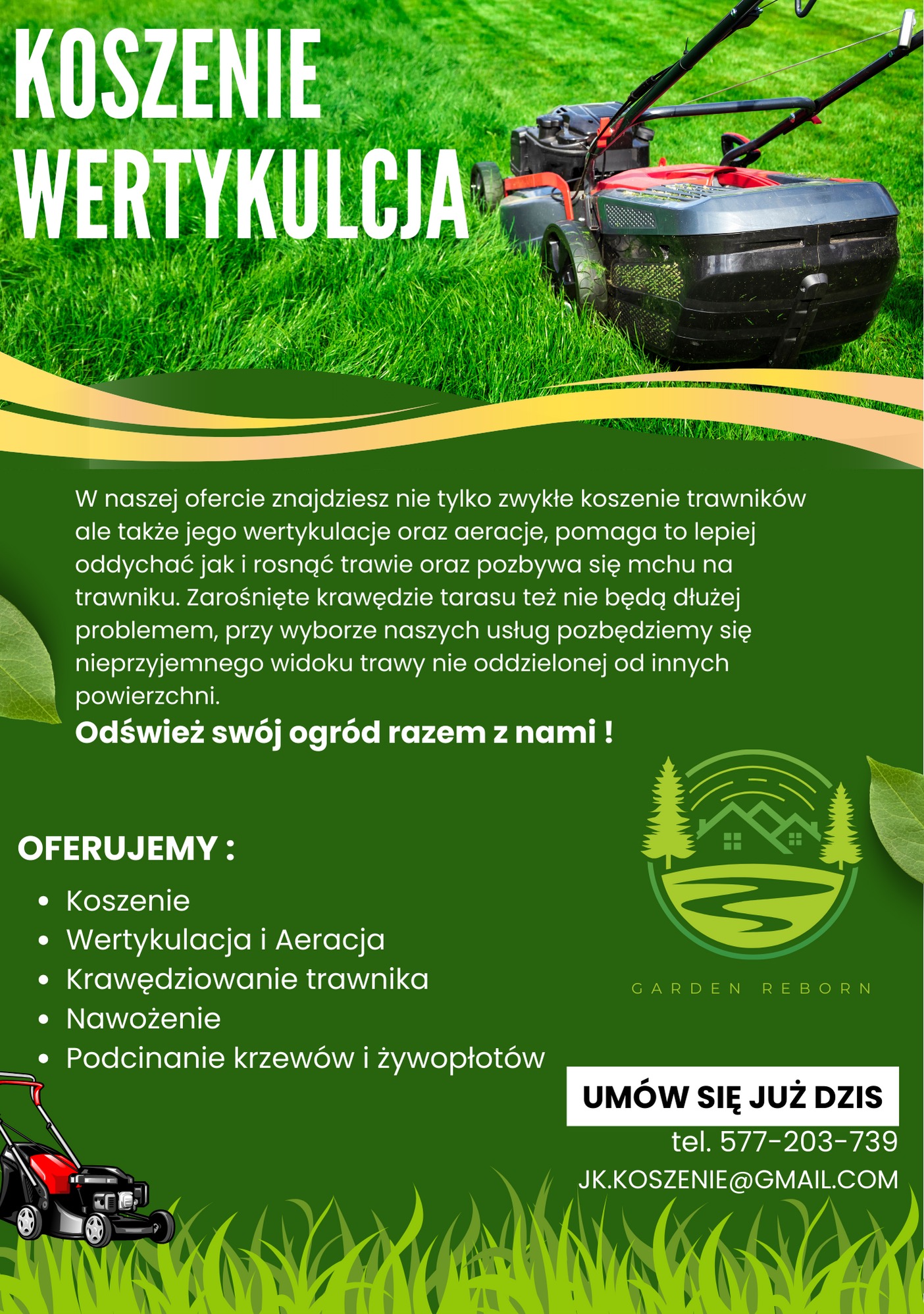 Grafika reklamowa firmy ogrodniczej oferującej koszenie i wertykulację trawników, z widoczną kosiarką na pierwszym planie oraz listą usług i danymi kontaktowymi.