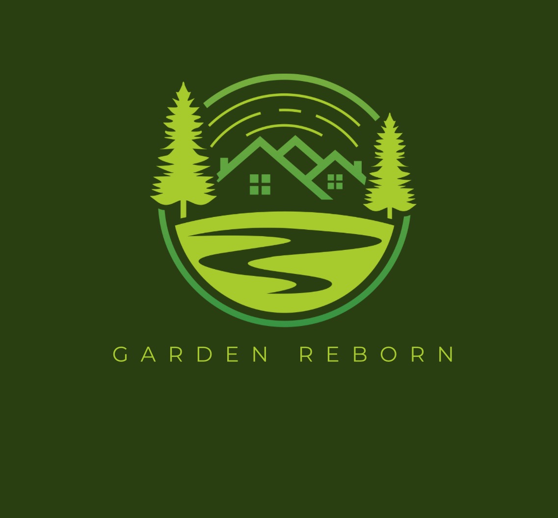 Zielone logo firmy z Krakowa o nazwie Garden Reborn przedstawiające stylizowane domy, drzewa iglaste i rzekę w okręgu.