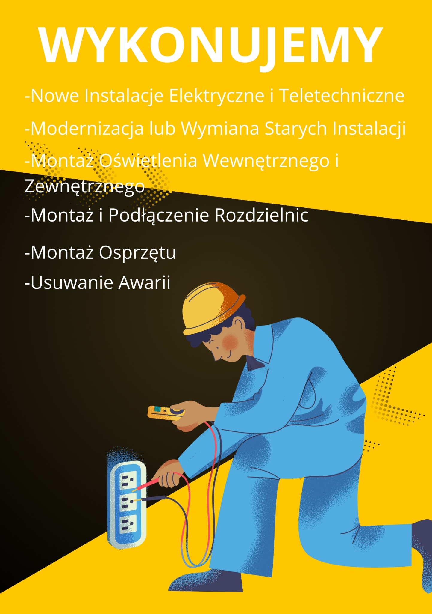 Ilustracja przedstawiająca elektryka w kasku, mierzącego napięcie w gniazdku za pomocą multimetru. W tle lista usług elektrycznych, takich jak nowe instalacje, modernizacje, montaż oświetlenia...