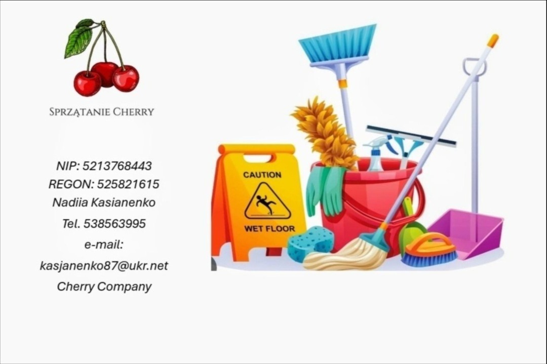 Grafika reklamowa firmy sprzątającej 'Cherry' z Warszawy, prezentująca logo z wiśniami, dane kontaktowe oraz zestaw narzędzi do sprzątania, w tym wiadro, mop, szczotki i tabliczkę ostrzegawczą...