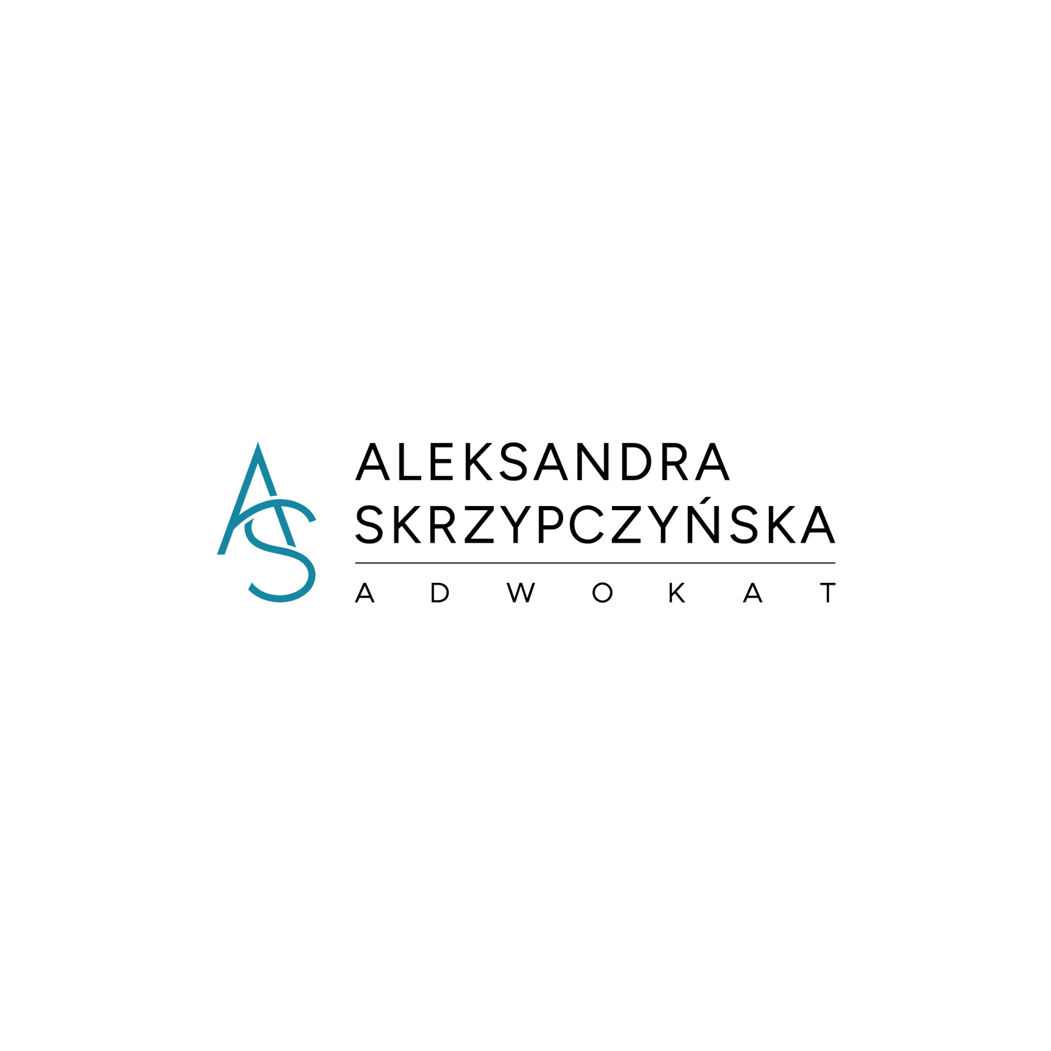 Minimalistyczne logo adwokata Aleksandry Skrzypczyńskiej z Warszawy, prezentujące inicjały 'AS' w kolorze turkusowym nad imieniem i nazwiskiem oraz słowem 'ADWOKAT' zapisanym wersalikami.