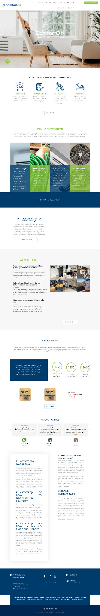 Strona internetowa firmy ComfortON z ofertą klimatyzacji, wentylacji i rekuperacji, widoczna kobieta relaksująca się w fotelu, logo firmy w lewym górnym rogu.